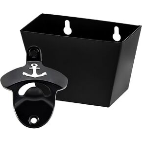 Anchor Wall Mounted Bottle Opener Rustproof, Nautical Post Mount Beer Top Opener with Cap Catcher Bucket Black for Bar Party Gift