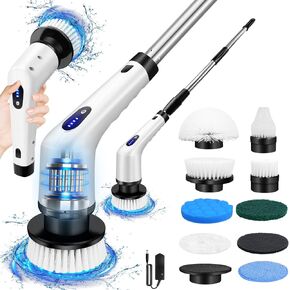 Cordless Shower Scrubber, IPX7 Waterproof Cordless Cleaning Brush, 9 Replaceable Cleaning Heads, 64.5-112cm Electric Spin Scrubber with Detachable Handle for Kitchen, Bathroom, Sink, Floor, Car