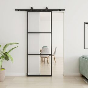 JUBEST 30in x 80in Glass Barn Door, Clear Tempered Glass Carbon Steel Pre Drilled Frame Sliding Barn Door Panel with 5FT Hardware Kit and Soft Close, Easy to Install