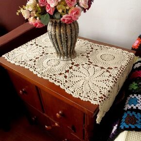 ABREEZE 2pcs 100% Cotton Crochet Lace Rectangular Table Runner Ecru Dresser Scarf Doilies Beige 11 Inch X23 Inch