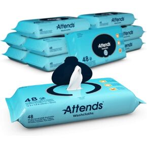 Attends Washcloths No-Rinse Disposable Cleansing Wipes for Incontinence, 7.8"x11.8", Hypoallergenic Alcohol-Free with Aloe, Scented, 576ct Case