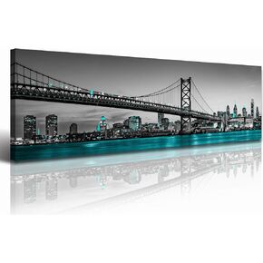 JiazuGo Philadelphia Skyline City Canvas Wall Art Decor 14"x48" Black and White Aqua Green Teal Panorama Cityscape Pictures Artwork Painting Poster for Bedroom Office Decoration Stretch Framed