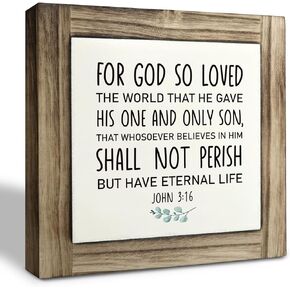 Christian Sign, Box Wood Plaques Desk Décor, Scripture Table Art Sign, Religious Artwork, Home Decor for Living Room Kitchen Bedroom, For God So Loved the World that He Gave - John 3:16