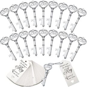 100 Sets Skeleton Key Bottle Openers for Bridal Shower Favors Wedding Souvenirs Gifts for Guests Love Heart Silver Bottle Openers and Tags and Keychain As Vintage Wedding Favors Party Keepsake Favors