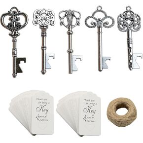 50pcs Silver Skeleton Key Beer Bottle Opener With 100 Pcs Thank You Card and 98 Feet Hemp Rope for Wedding Party Favors (Silver-White Cards)