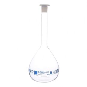 Eisco Volumetric Flask, 2000mL - Class A - Borosilicate Glass, Polyethylene Stopper, 29/32 Socket - QR Code Marking for Calibration Certificate