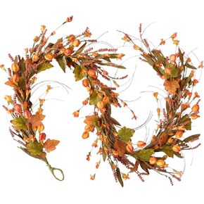 Fall Maple Floral Wreath Garland with Forsythia for Front Door, 82 inches Autumn Orange Flower Garland for Indoor and Outdoor, Harvest Thanksgiving Halloween Decorative Garland
