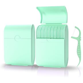 Travel Dental Floss Case 2 Box with 104 Dual Line Floss Picks & Toothpicks -Green，Mint Flavor -Portable Oral Care Tool for Teeth - Flosser Toothpicks Combo Kit.
