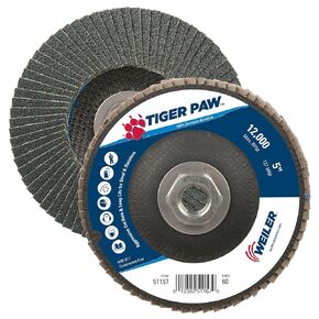 Weiler 51155 5" Tiger Paw Abrasive Flap Disc, Flat (Ty27), Phenolic Backing, 36Z, 5/8"-11 UNC Nut (Pack of 10)