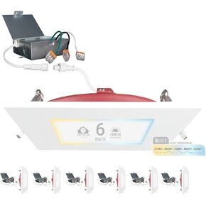 NUWATT 6 Inch 2 Hour FIRE Rated LED Recessed Light, 5CCT 2700K/3000K/3500K/4000K/5000K Selectable, 1200 Lumen Dimmable, IC Rated, Square Ultra-Thin Canless Downlight, No Tenmat Needed, UL ETL, 6 Pack