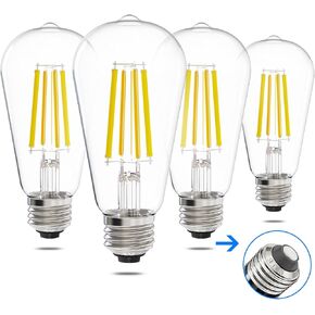E ENERGETIC LIGHTING ST58/ST18, LED Filament Light Bulbs, 3CCT, 2700K/4000K/5000K,High Brightness, 7W, 60 W Equivalent,Classic Clear Glass, E26, 4 Pack