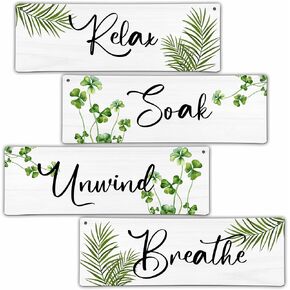 4 PCS Green Bathroom Wall Decor, Farmhouse Wall Art Hanging Decor, Relax Soak Unwind Breathe Wood Decoration for Home Office Bedroom Spa - C07