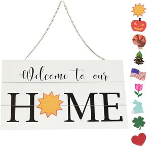 Door Sign Seasonal - Rustic Wood Door Hanging Holiday Sign - Welcome Sign for Front Door Porch - 9 Changeable Pieces Halloween, Christmas, Thanksgiving, and More - Gift For Her - Gift For Him