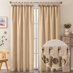 Black Oxford Curtain 2 Panels, Delicate Faux Linen Blend Semi-Blackout Curtains with Coconut Buttons for Living Room, W52 x L84 inches