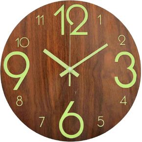 12 inch Luminous Wooden Round Silent Non-Ticking Quartz Wall Clocks, Large Numbers and Hands, Easy to Read Both Day and Night (Large Digital)