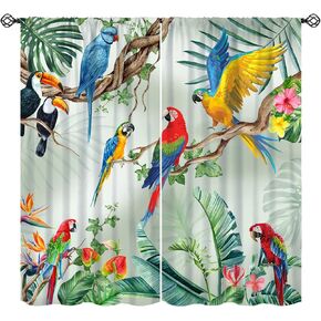 Tropical Birds Window Curtain, Parrot Toucan Leaves Spring Summer Bird Window Treatments for Bedroom Watercolor Floral Plant Nature Drapes for Living Room W42xL45