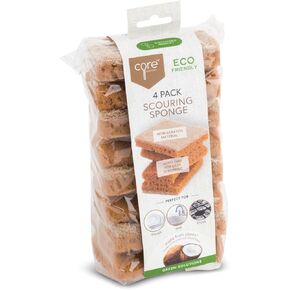 Core Kitchen Everyday Cleaning Power, Natural Almond Color 4 x 6 Inch Eco-Friendly Coconut Fiber Kitchen & Bathroom Scouring Scrub Sponge with Easy-Grip Handle, 4 Pack, 43324