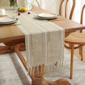 Jeloris Braided Striped Table Runner Farmhouse Cotton Linen Table Runner with Tassels for Parties Christmas Kitchen Dinner Birthday Table Decorations, Grey, 12 x 108 Inch