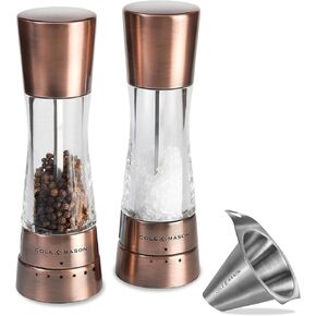 Cole & Mason Derwent Salt & Pepper Mill Gift Set - Salt and Pepper Grinders - Refillable Seasoning and Spice Tools - Adjustable Salt and Peppercorn Grinder Settings - Copper With Funnel
