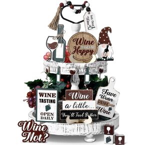 21 Pcs Christmas Wine Tiered Tray Decor Set Farmhouse Retro Wine Wood Signs with Light Rustic Gnome Table Decor Vintage Wine Decorations for Party Kitchen Shelf Home Dining Room Bar Indoor