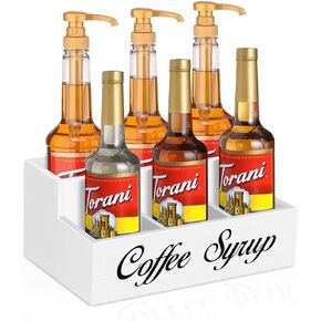 Countertop Coffee Station Organizer Coffee Bar Accessories, 2 Tier Coffee Syrup Organizer Rack, Wood Coffee Condiment Organizer 6 Syrup Bottles Dispenser Holder, Farmhouse Cup Holder for Coffee Lover