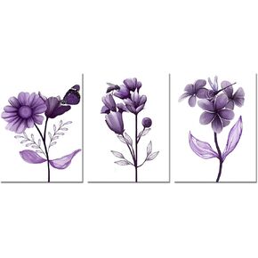 sechars 3 Piece Purple Flower Canvas Wall Art Abstract Transparent Floral with Butterfly Painting Picture Prints Modern Lavender and White Bathroom Decor 12"X16"X2PCS