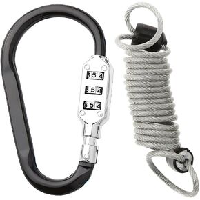 D-Shaped Code Lock Aluminum Carabiner Multifunctional Black Lock Carabiners with Spring Rope for Looped Bike Security Cable Lock Fence Lock Outdoor Lock