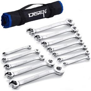 DISEN Flare Nut Wrench Set Metric and SAE 12-Piece Inch1/4 to 7/8" & 6-21mm, CR-V Steel Brake Line Wrench Set with Organizer Pouch,Father's Gift