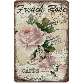 French Rose Decor,cafes Decor Retro Rose Flower Vintage Pastoral Artistic Tin Painting Home Living Room Decor Pin Up Garden Metal Wall Tin Sign,flower sign for wall,Floral Tin Sign Gift 12×8 inch