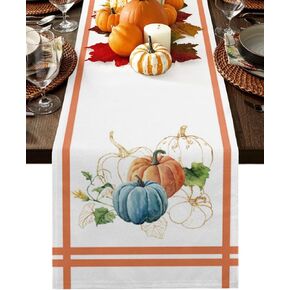 Fall Thanksgiving Table Runner Orange Blue Pumpkin Stripe White Cotton Linen Burlap Table Runners,Green Leaves Dresser Scarf Waterproof Table Runner for Kitchen Dining Party Family Dinner 13x72In