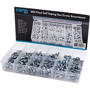 Capri Tools 10024 Hex Self Tapping Screw Assortment, 200-Piece, Silver, Model Number: CP10024