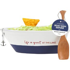 Pavilion Lake Boat Dish Server - "Life Is Great At The Lake" Text Design - Stoneware Boat Dish with Wooden Oar Scoop, Microwave & Dishwasher Safe - Boat Shape Serving Bowl, Blue, 12 oz