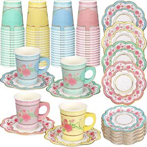 200 Pcs Floral Paper Tea Cups and Saucers Set, Severs 100 Disposable Tea Party Supplies 9 oz Paper Tea Cups with Handle and Saucer for Birthday Wedding Tea Party Decorations