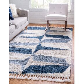 Unique Loom Hygge Shag Collection Modern Moroccan Inspired, Geometric Design, Plush & Cozy Area Rug (2' 2 x 3' 0 Rectangular, Blue/ Ivory)