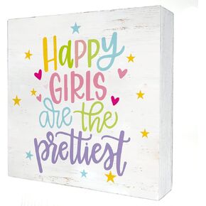 لافتة صندوق خشبي ملهمة للفتيات لحضانة البنات، الفتيات السعيدات هي أجمل لوحة خشبية لديكور غرفة البنات على سطح الطاولة in Kuwait