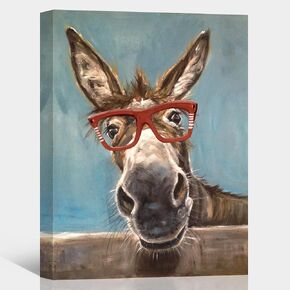 Farmhouse Animals Canvas Prints Wall Art Funny Donkey with Red Glasses Pictures Posters Modern Framed Artwork for Living Room Bedroom Bathroom Home Wall Décor Ready to Hang - 12x16 Inches