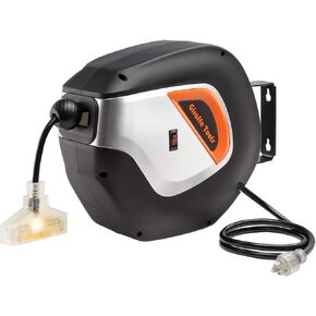 بكرة سلك طاقة قابلة للسحب من Giraffe Tools، بطول 50 قدم 12AWG/3C SJT، بكرة تخزين سلك تمديد شديدة التحمل على الحائط/السقف للمرآب مع صنبور ثلاثي مضاء