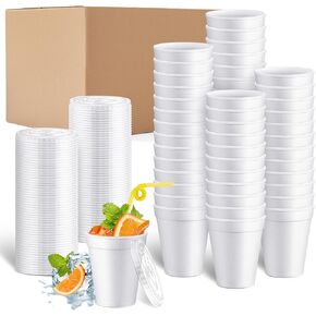 Sabary 50 Pack 32 oz Insulated Foam Cups with Lids White Disposable Coffee Cups with Lids Insulated Beverage Disposable Cups for Coffee Tea Hot Cocoa Soup Soda Juice Hot Cold Drinks