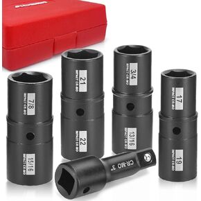 AOBEN 5 PCS 1/2" Drive Impact Socket Set, Flip Socket Set with Cr-Mo Steel, Includes 3 Inch Bar Extension, SAE and Metric Sizes
