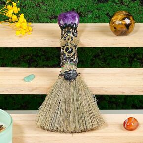 Natural Amethy Irregulars Tumbled Stones Magic Broom Witch Broom Healing Crystal Handmade for Cleansing Bedroom Office Home Decor Gifts