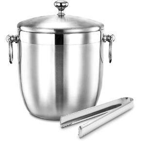 3L Double-Wall Insulated Ice Bucket with Lid, Tong & Strainer for Cocktail Bars and Parties, Outdoor & Indoor - Stainless Steel Ice Bucket Ideal for Home Bars, Chilling Beer, Champagne, Wine Bottles