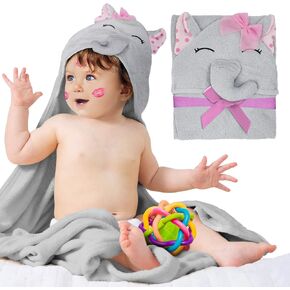 Hooded Baby Towels 33 x 33 Inch. Pink Terry Cotton Baby Bath Towels Hooded with Elephant Face and Ears. Soft Toddler Hooded Towels for Boy, Girl. Absorbent Hooded Baby Towel