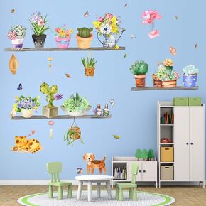 Tropical Potted Plants Wall Stickers - Nature Plants Floral Flowers Cactus Wall Decals - Nursery Bedroom Living Room Sofa Background Home Wall Decor