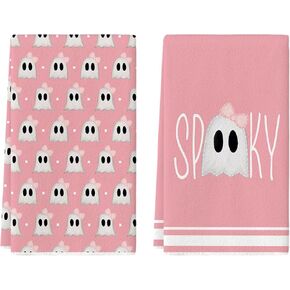 Artoid Mode Pink Ghost Spooky Halloween Kitchen Towels Dish Towels, 18x26 Inch Bow Knot Decoration Hand Towels Set of 2