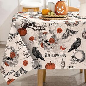 AnyDesign Vintage Halloween Tablecloth Retro Gothic Skull Bat Pumpkin Fabric Table Cloth Washable Trick or Treat Table Cover for Picnic Home Kitchen Party Dining Table Decor, 60 x 104 Inch