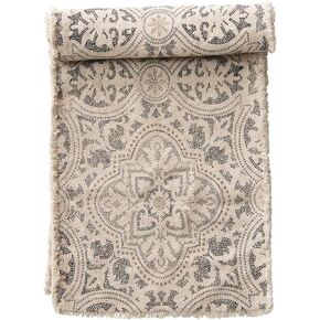 Bloomingville Grey and Cream Cotton Printed Table Frayed Edge Runner