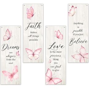 valucise 4pcs Butterfly Wall Decor, Inspirational Wall Art For Girls, Pink Butterfly Wooden Decorations, Faith Hope Love Dream Wood Hanging Sign For Home Nursery Playroom Bedroom Girls Room Decor, 11