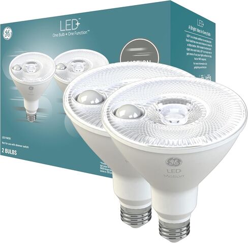 مصابيح إضاءة LED بمستشعر الحركة GE LED+، 14 وات، PAR38 الأضواء الكاشفة الأمنية الخارجية، أبيض دافئ، CAC (عبوتان) in Saudi Arabia