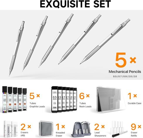 Four Candies Metal Mechanical Pencil Set, 3PCS Art Drafting Pencils 0.5, 0.7, 0.9MM & 2PCS 2MM Mechanical Drawing Pencils with 420PCS Leads (4B 2B HB 2H Color) for Writing Sketching Drawing (Black) in Kuwait