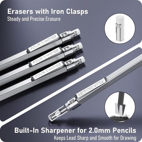 Four Candies Metal Mechanical Pencil Set, 3PCS Art Drafting Pencils 0.5, 0.7, 0.9MM & 2PCS 2MM Mechanical Drawing Pencils with 420PCS Leads (4B 2B HB 2H Color) for Writing Sketching Drawing (Black) in Kuwait